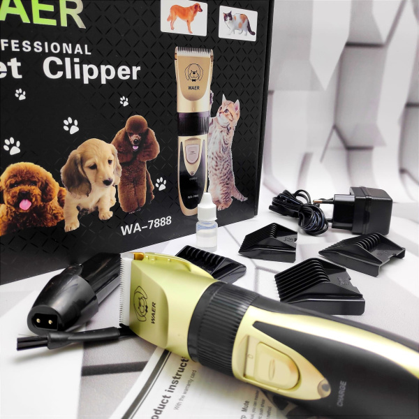 Профессиональная машинка для стрижки собак и кошек Waer professional pet clipper WA-7888 (4 насадки)